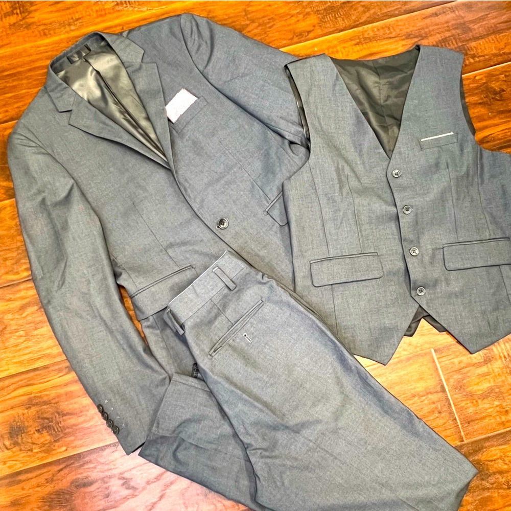 Men’s Dark Gray 3 Piece Suit Set Jacket Vest Pants Slim Fit size S